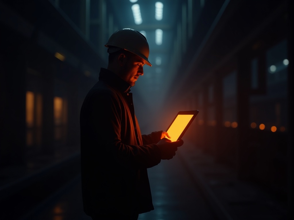 Ingenieur-Silhouette mit leuchtendem Tablet auf der Baustelle
