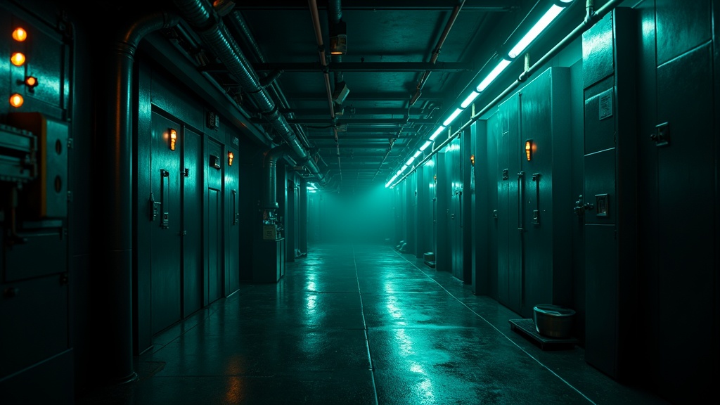 Futuristischer TGA-Technikraum mit glühenden Licht-Linien entlang der Leitungen